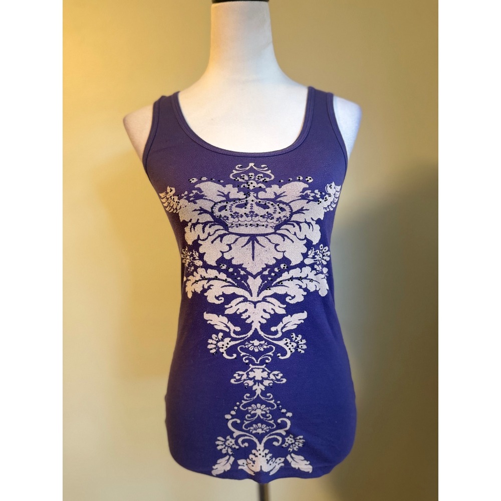 Y2K Yvette Mandell Purple‎ Tank Top Crown Damask Graphic Women's Medium bling